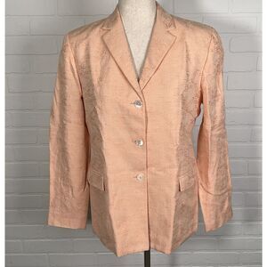 Oscar de la Renta Blazer Women 10 Peach Floral‎ Embroidery Linen Cotton USA VTG
